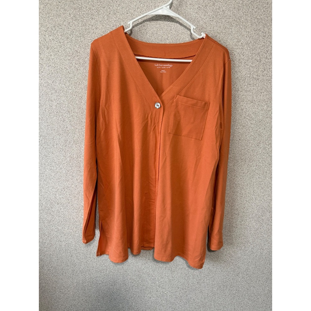 Soft Surroundings Womens Rust Orange V-Neck Long Sleeve Top Pocket‎ Back Vent L